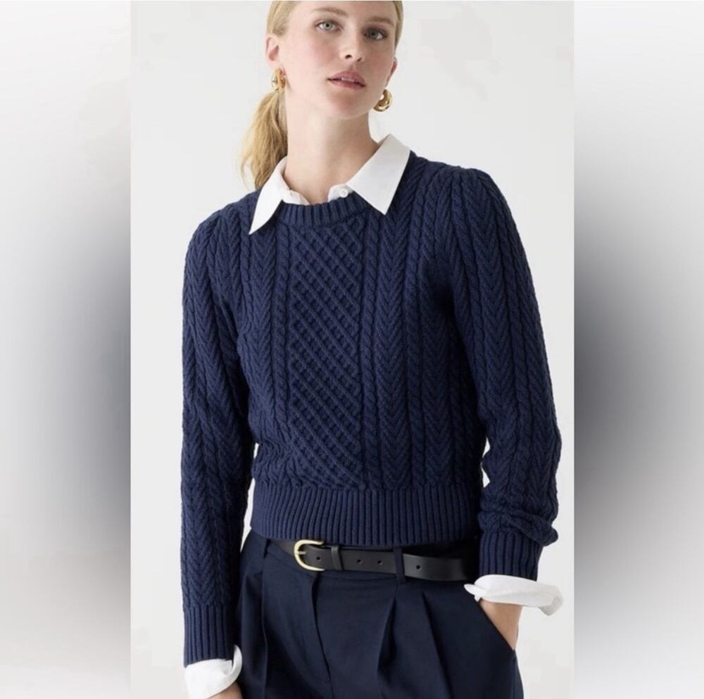 J Crew Puff-Sleeve Crewneck Sweater Size S Navy Blue Cable-Knit Cotton